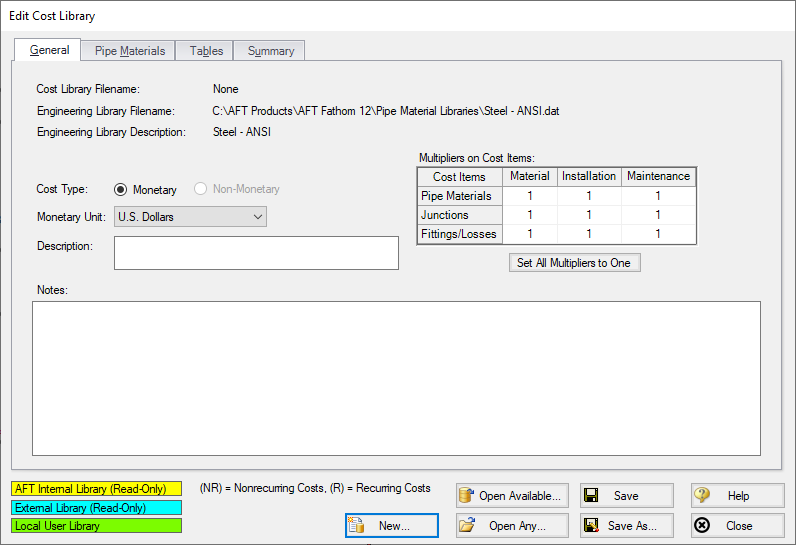 The Cost Database window after selecting New Database.